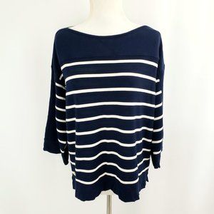 Lauren Ralph Lauren Striped Boat Neck Sweater Size LARGE Blue White 3/4-Sleeve